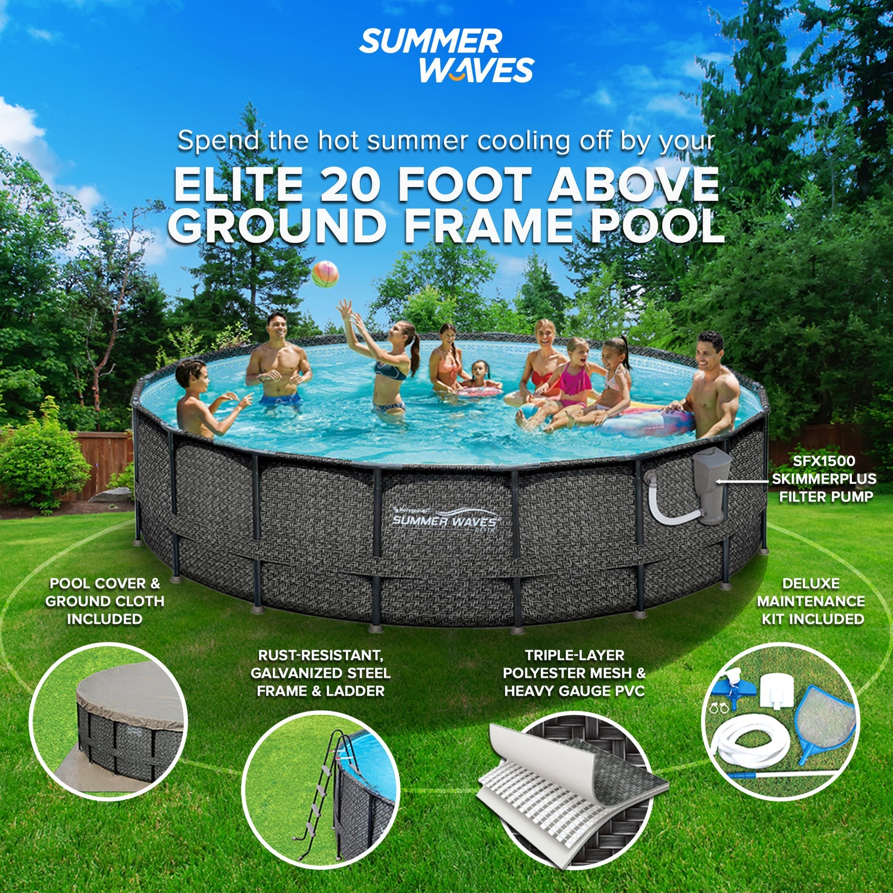 Summer Waves Elite 20ft x 48in Above Ground Frame Swimming Pool Set with Pump - 77140