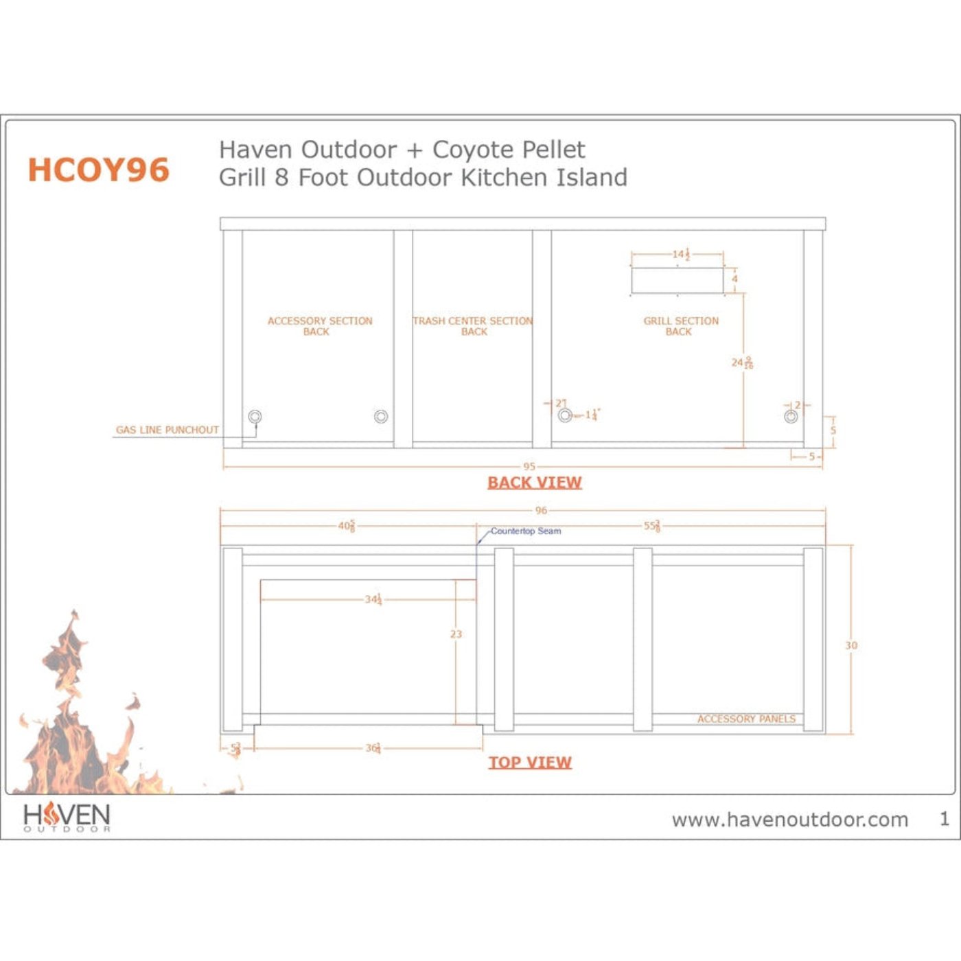Haven 96-Inch Outdoor Kitchen Island with Trash Center, 2 Drawer Cabinet & Gas Grill - HCOY96DRAW-AB-LP