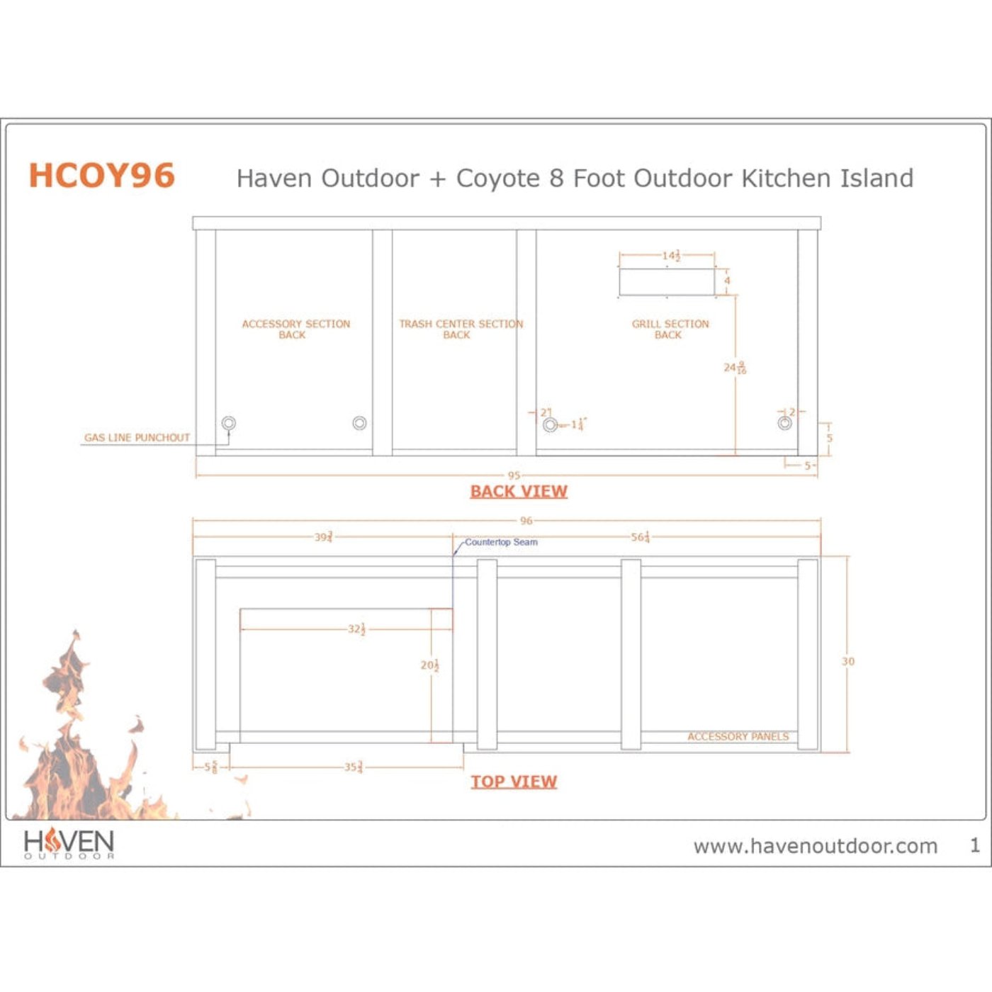 Haven 96-Inch Outdoor Kitchen Island with Trash Center, 24-Inch Refrigerator & Gas Grill - HCOY96REF-AB-LP
