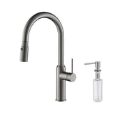 Kibi Hilo Single Handle High Arc Pull Down Kitchen Faucet With Soap Dispenser in Titanium Finish - C-KKF2008TT-KSD100TT