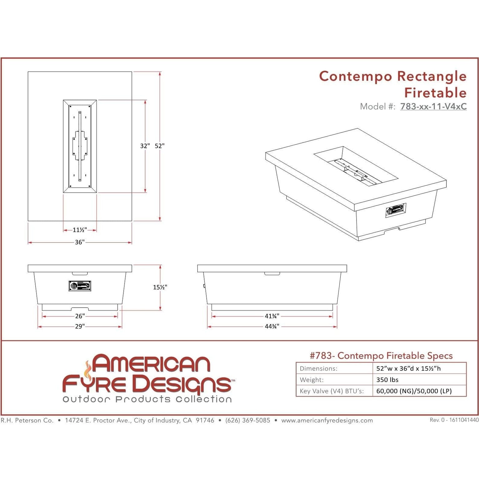 American Fyre Designs Contempo Rectangle Firetable - 783-xx-11-M4xC