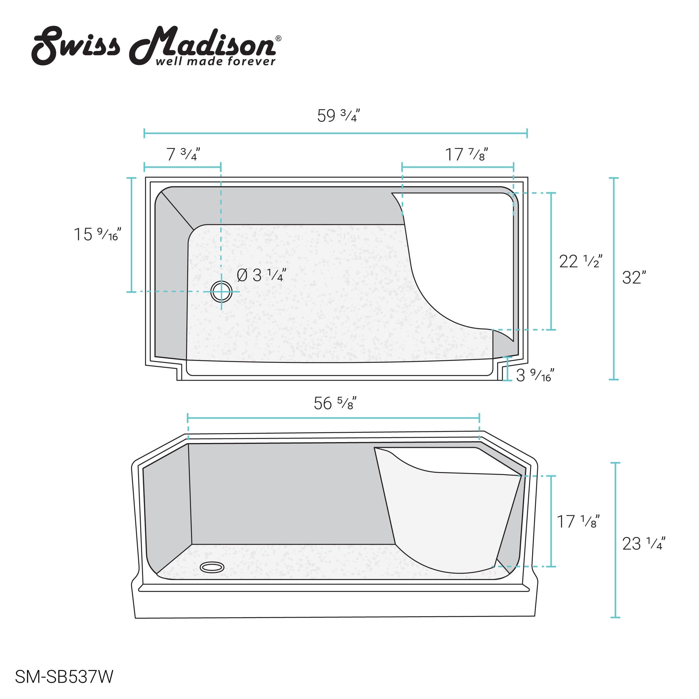 Swiss Madison Aquatique 60" x 32" Left Drain, Shower Base - SM-SB537W - Backyard Provider