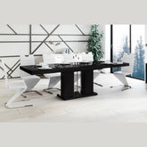 Maxima House Dining Set NOSSA 7 pcs. black modern glossy Dining Table with 2 self-starting leaves plus 6 chairs - HU0071K-188W - Backyard Provider