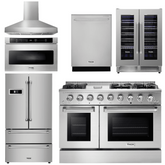 Thor Kitchen Appliance Package - 48 in. Gas Range, Range Hood, Refrigerator, Dishwasher, Microwave Drawer, Wine Cooler, AP-HRG4808U-W-6