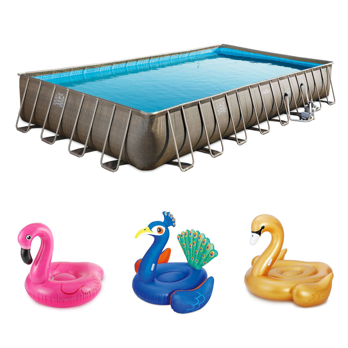 Summer Waves 32ft x 16ft x 52in Pool Set + Pink Flamingo, Peacock and Swan Floats - 143227