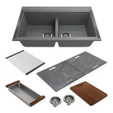 Bocchi 34" Undermount Double Bowl Composite Workstation Kitchen Sink with Covers in Metallic Black - 1618-505-0126HP