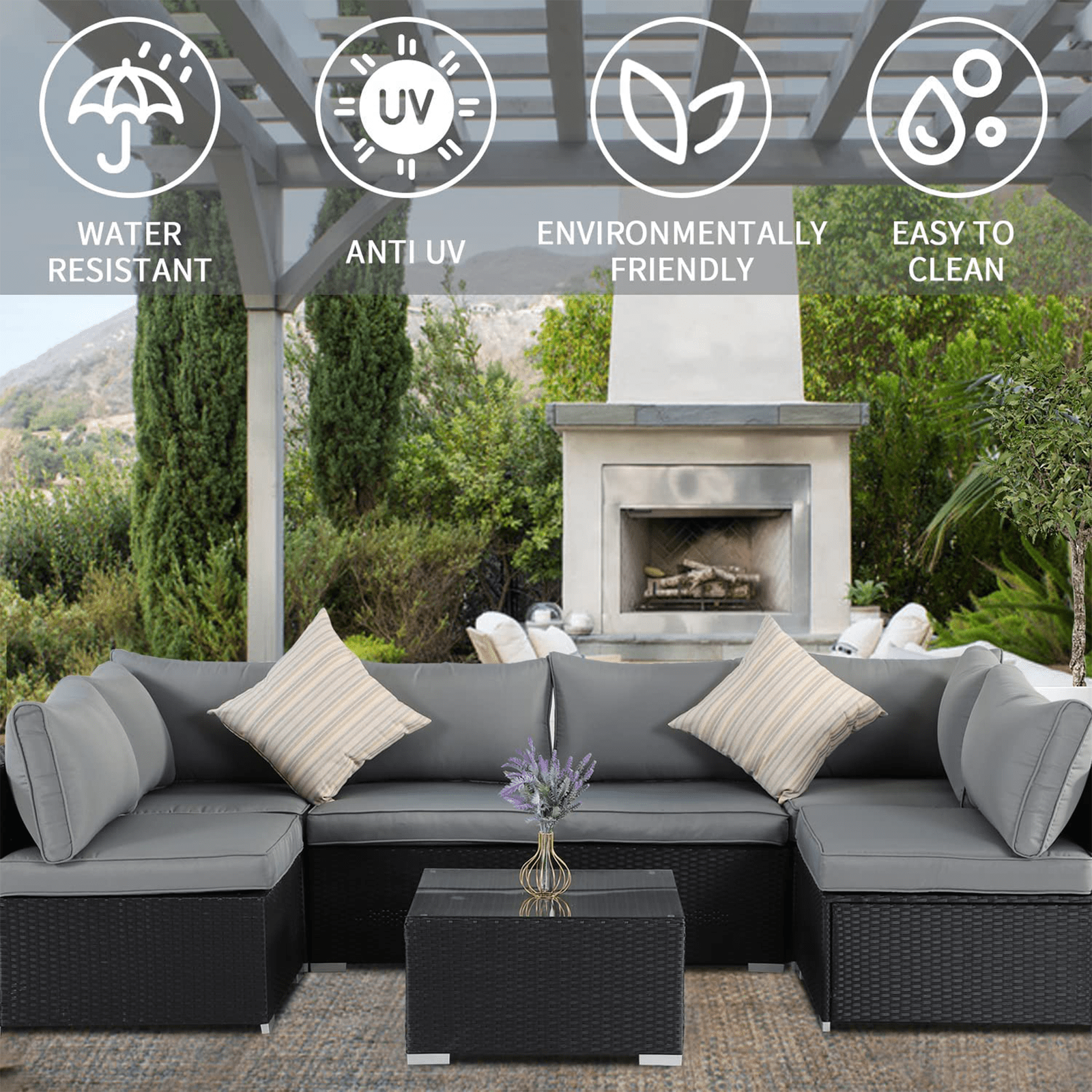 ESSENTIAL LOUNGER Outdoor Furniture Sofa Set w/Cushion & Glass Table, Set of 7 - 320029