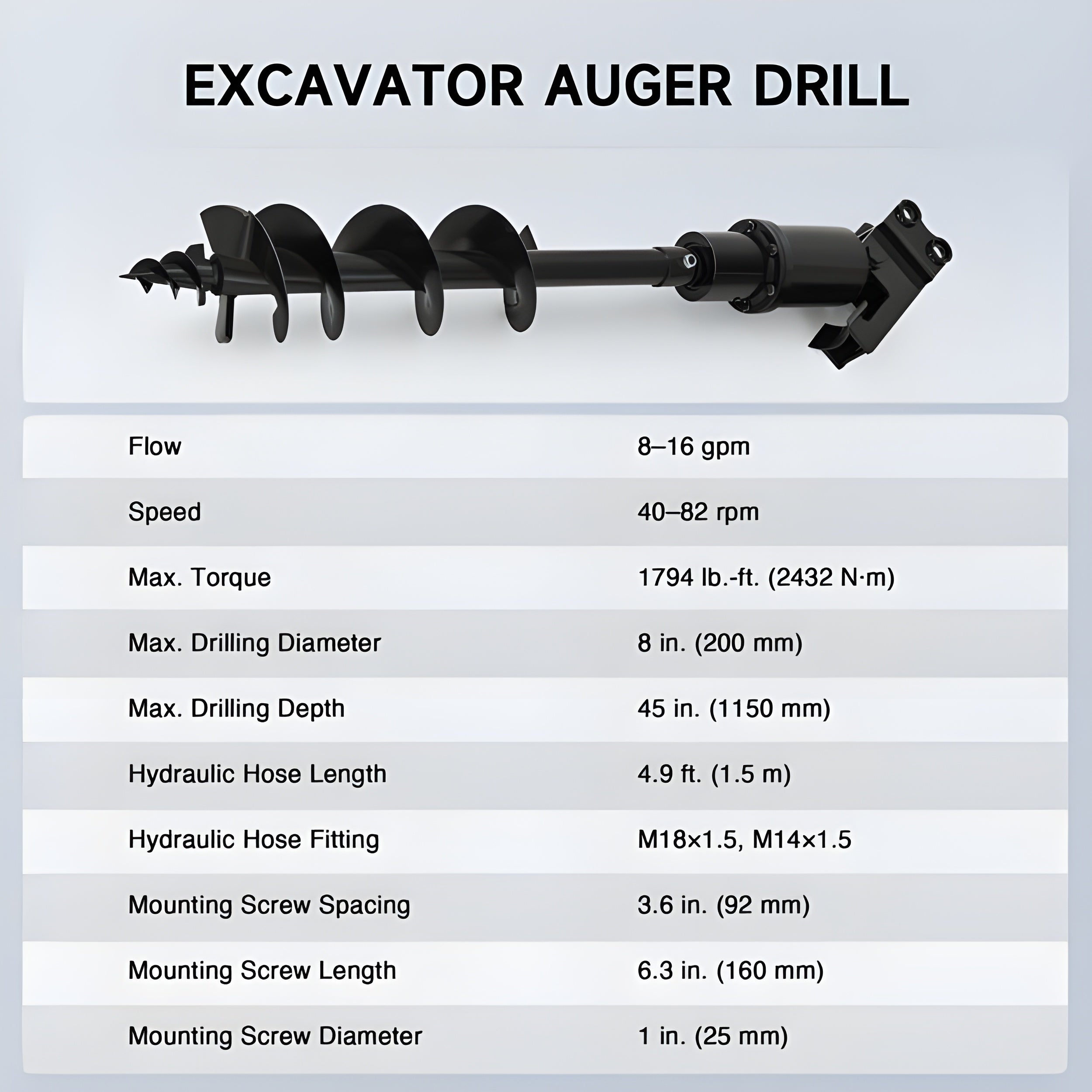 Creworks Hydraulic Auger Drill Attachment for Mini Excavator 8" Diameter 45" Depth