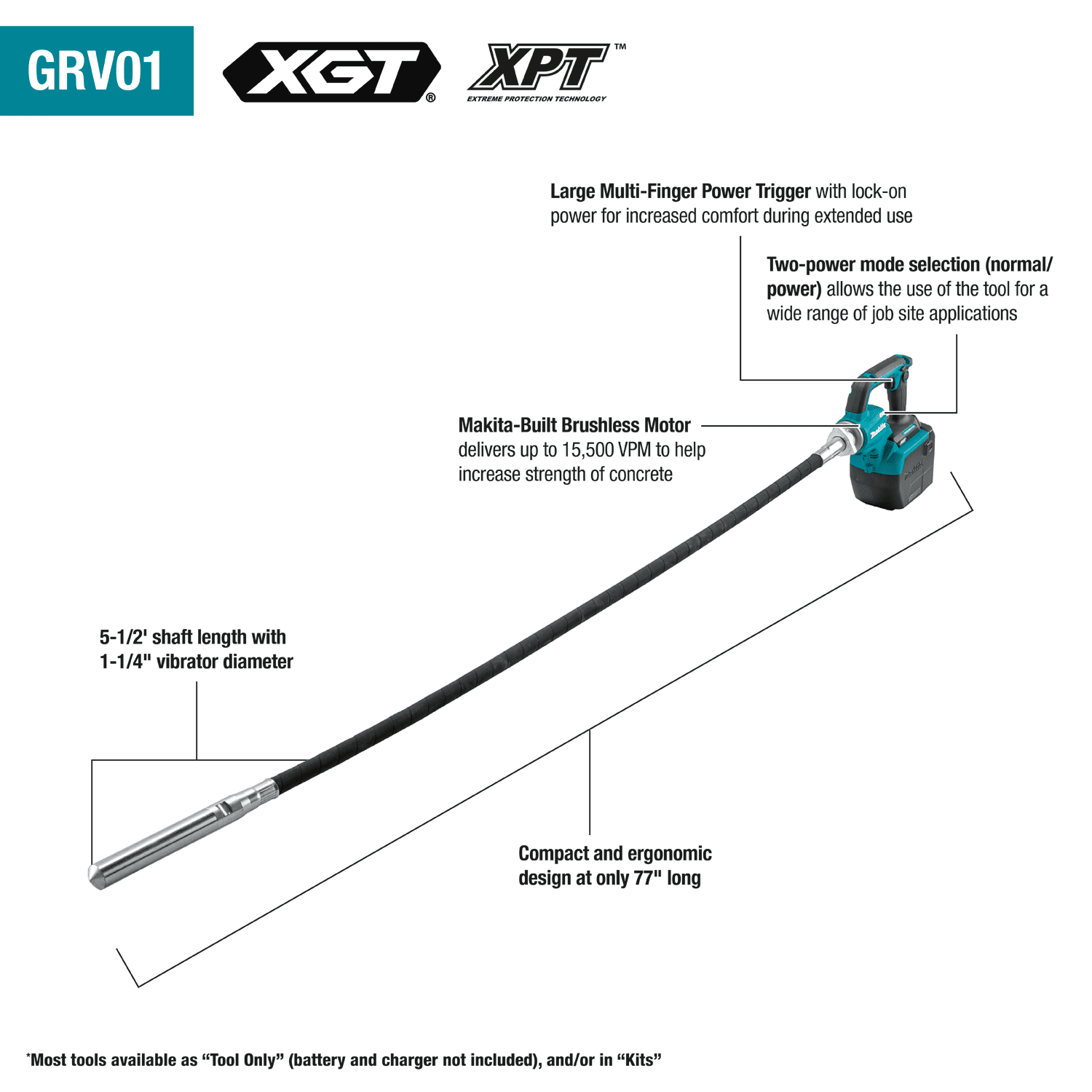 Makita 40V Max XGT Brushless Cordless 5‑1/2' Concrete Vibrator Kit 4.0 Ah - GRV01M1