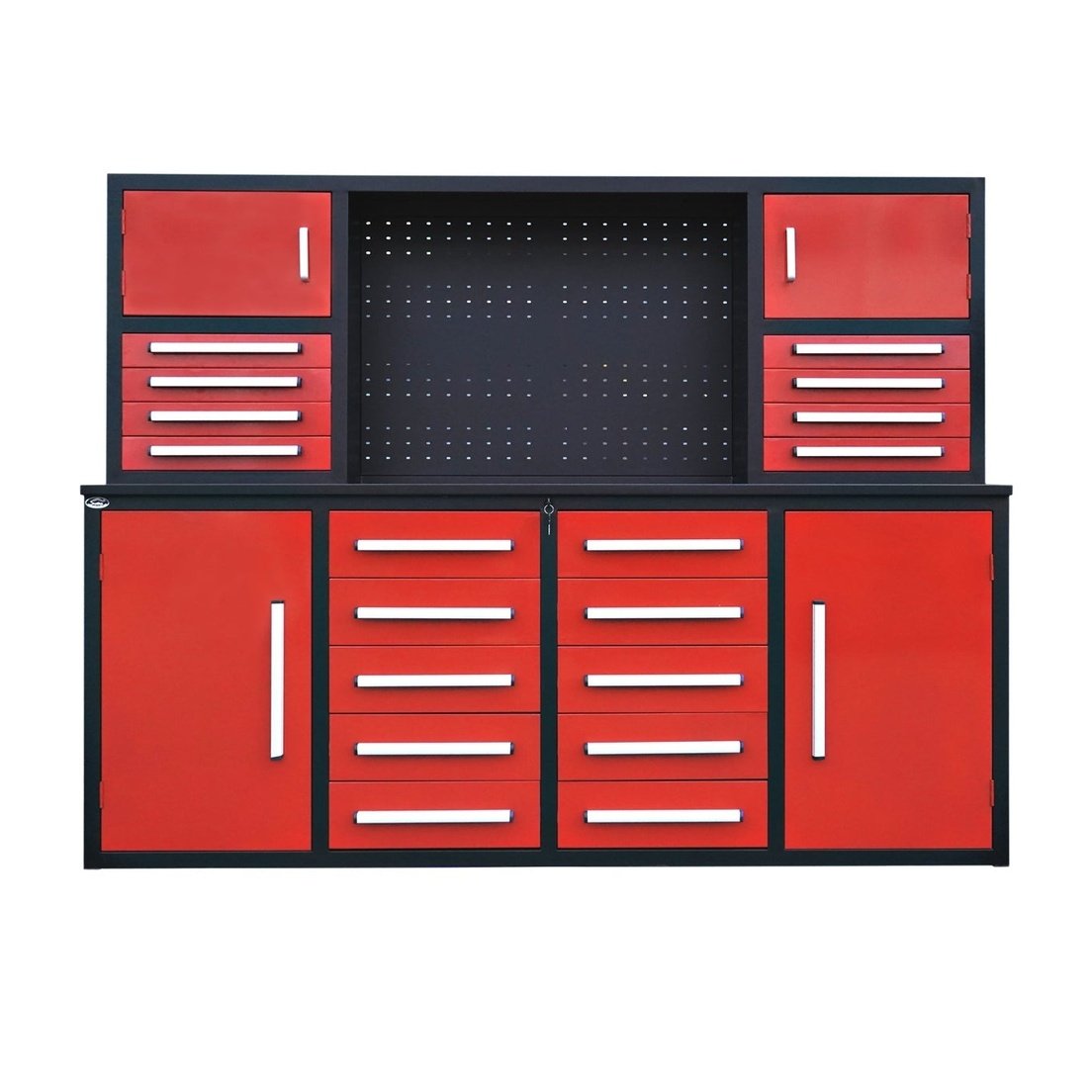 Chery Industrial 7' Garage Storage Cabinet with Workbench 18 Drawers & 4 Cabinets & Pegboard