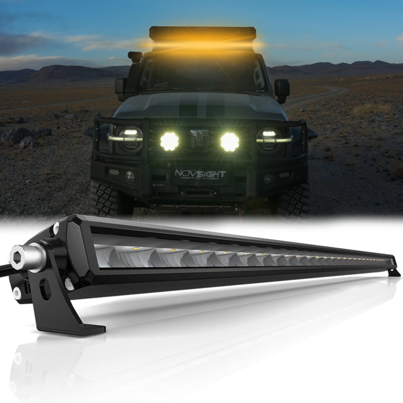 Novsight 50 Inch Off Road LED Light Bar with bracket LED Bar Light 50 Inch Single Row Dual Beam White Amber - A500-LB3-50