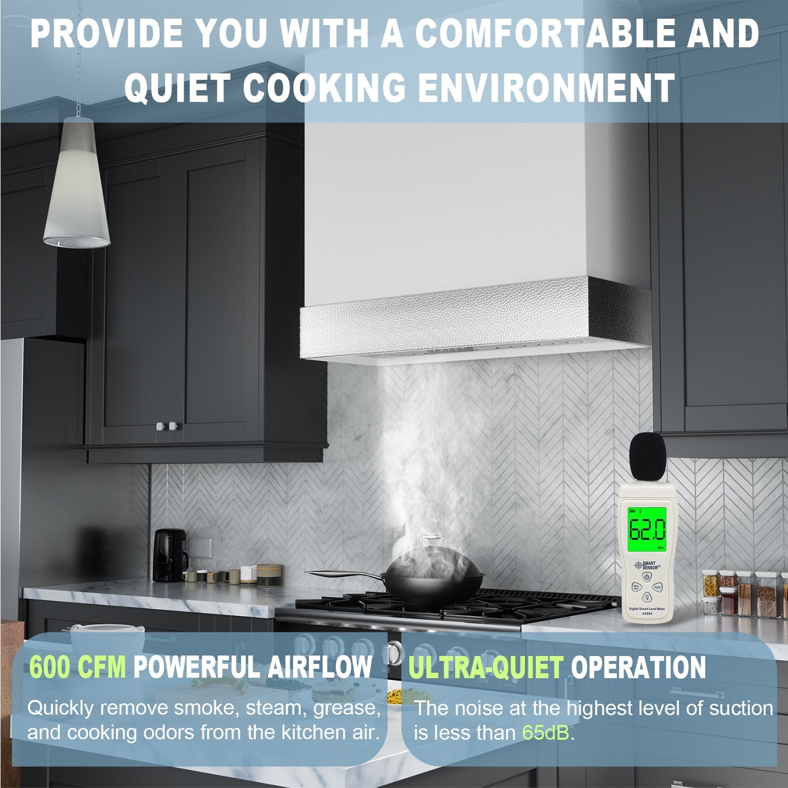 Akicon Stainless Steel Range Hood 30 inch & 3 Speed Fan with LED, Modern Box 600 CFM Hood with Powerful Motor, TAK-HS30HD-SWN-48