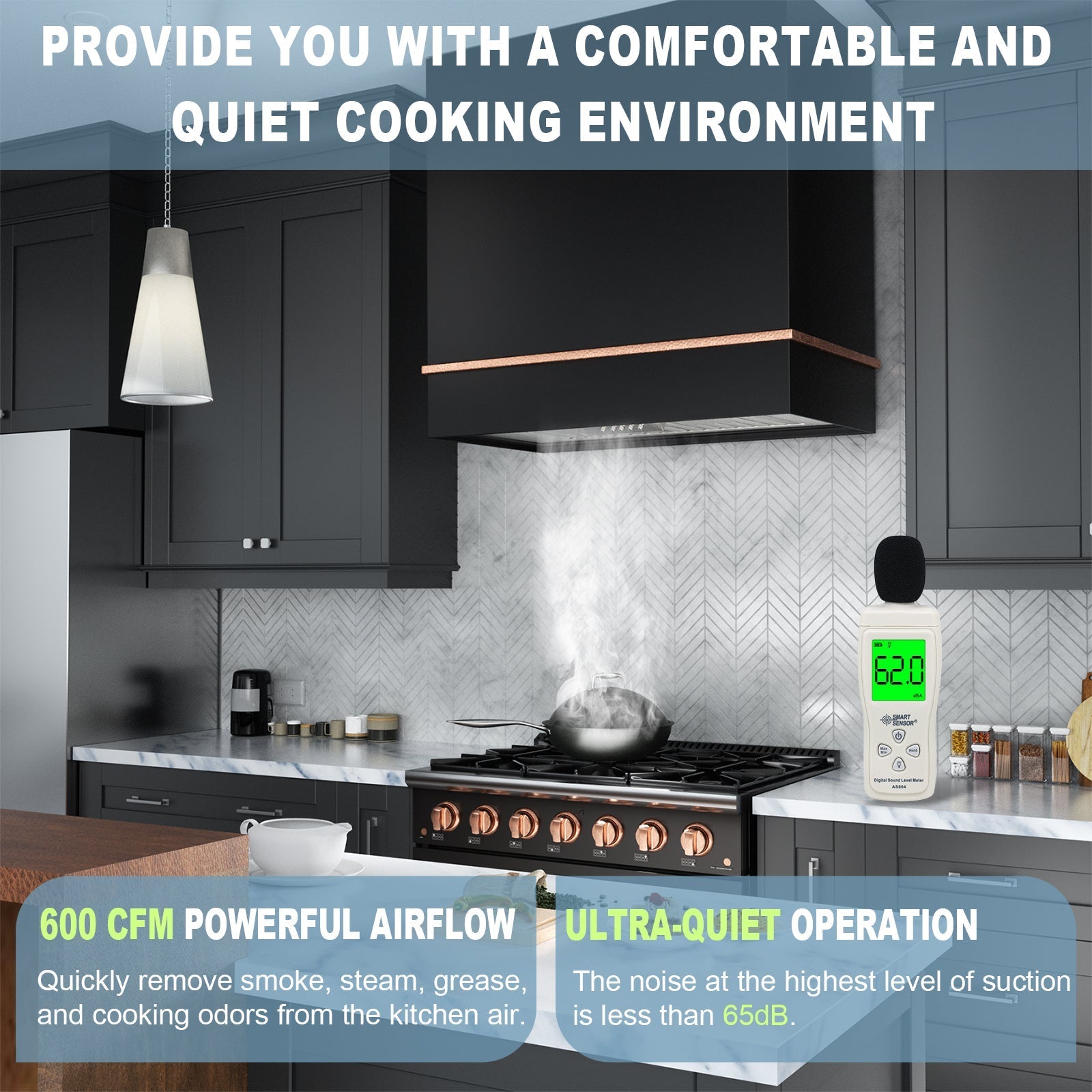 Akicon 36" Stainless Steel Range Hood & One Stacks, 600 CFM Wall Mount Vent Hood with - Powerful Vent Motor, Modern Box Kitchen Hood with LED Lights, Charcoal Filter - AK-HS36HA-JBC-48
