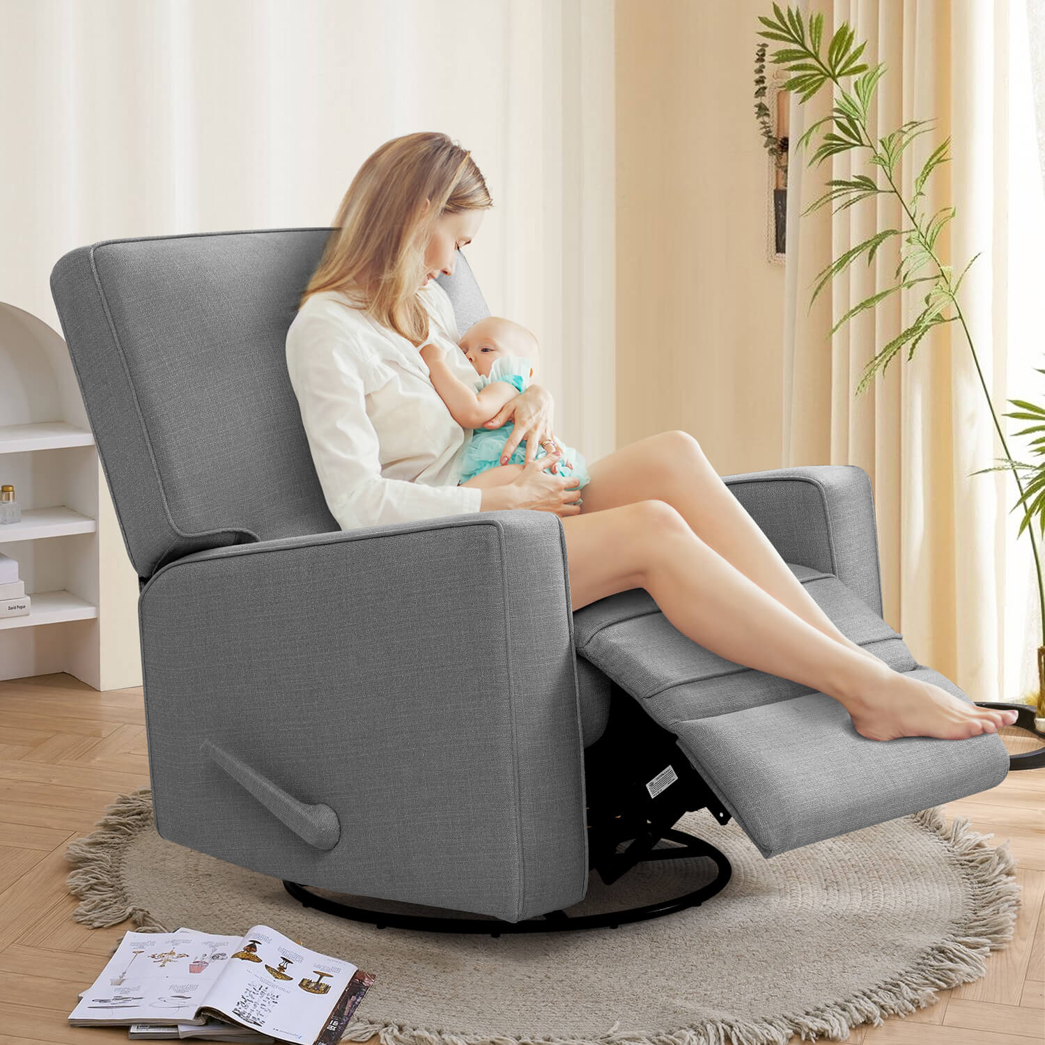 Large Swivel Rocking Recliner, Nursery Swivel Glider Fabric Manual Recliner Chair, Max 360° Swivel 30° Rocking, 35.4" Width
