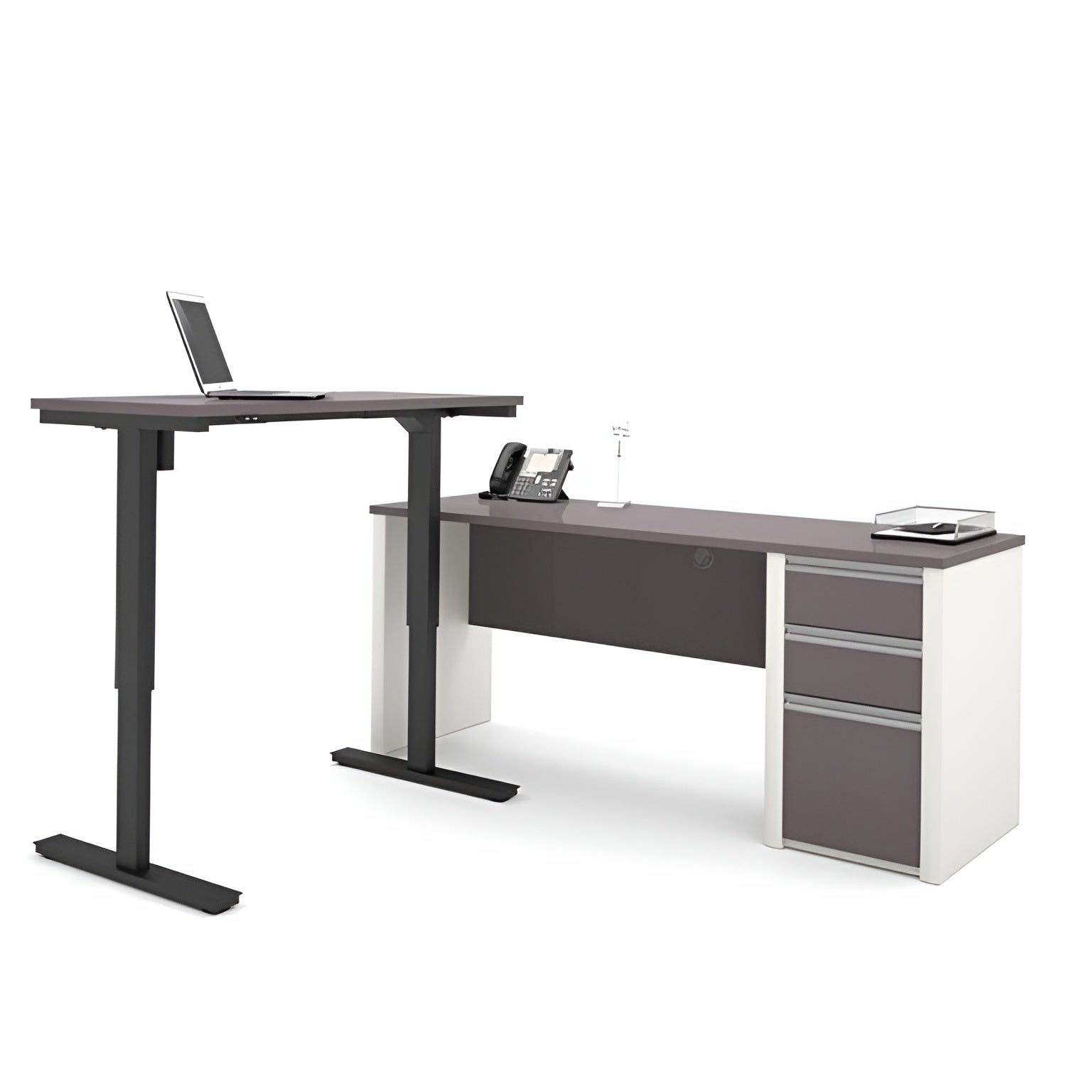 Bestar Pro-Linea L-Desk with Hutch & Electric Height Adjustable Table