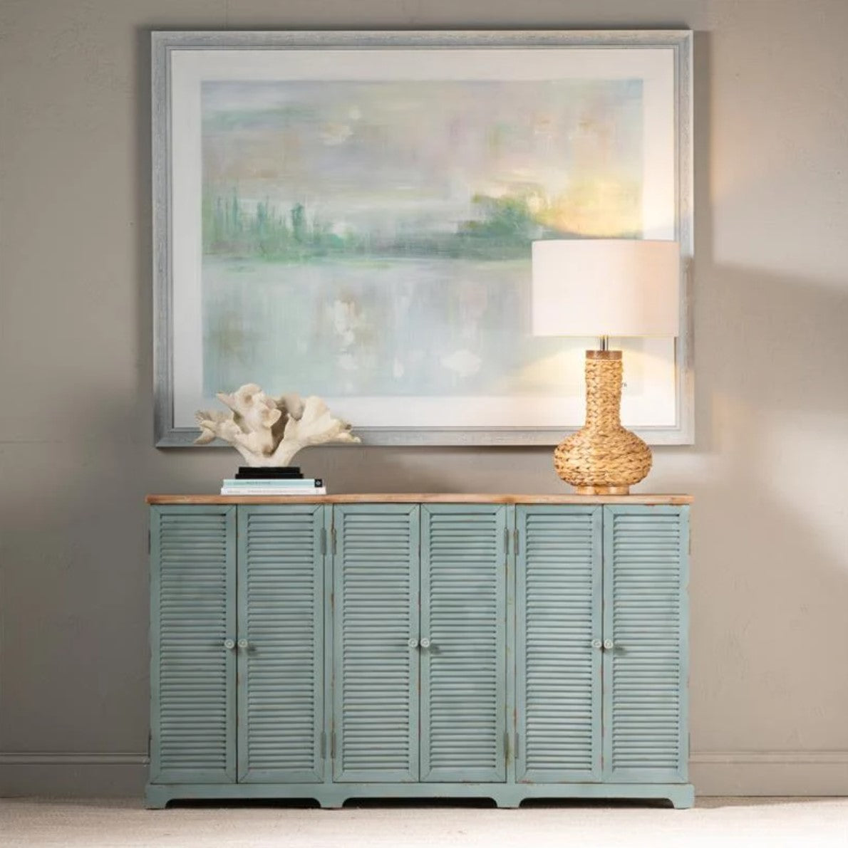 Crestview Collection Clearwater 63" x 12" x 36" 6-Louvered-Door Coastal Blueish Gray Wood Sea Wash Sideboard With Wood Top - CVFZR4560