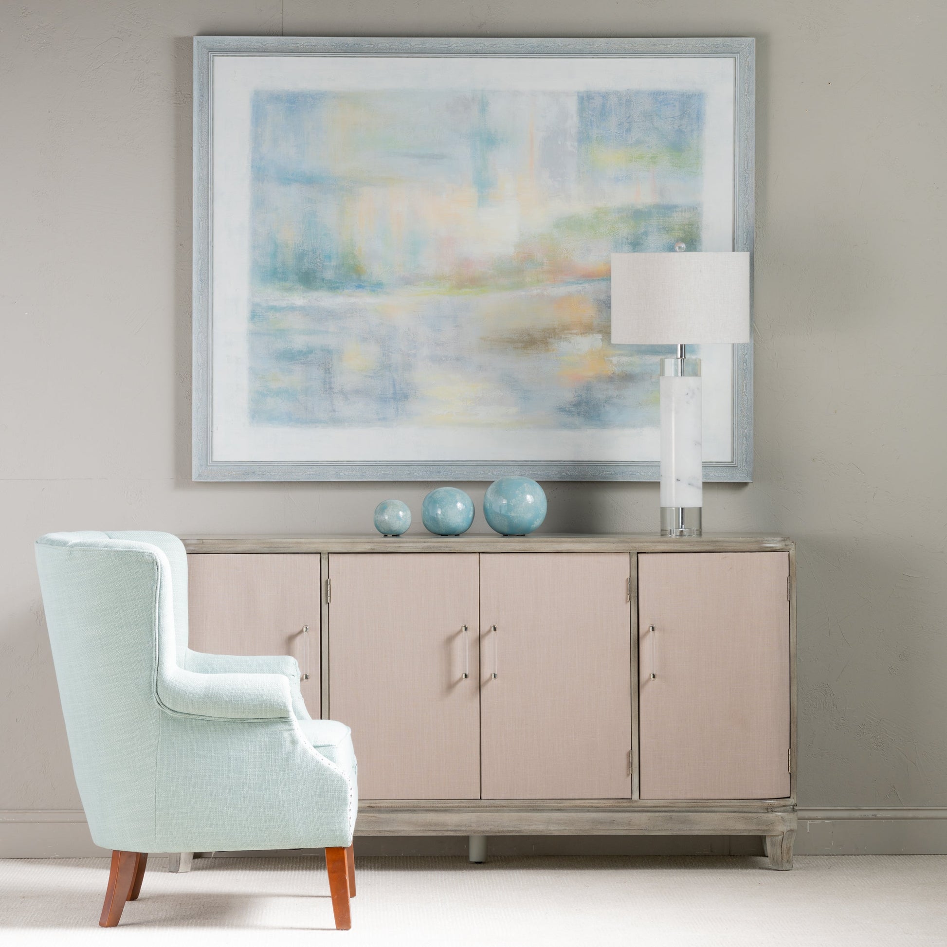 Crestview Collection Marshall 68" x 16" x 36" 4-Linen-Door Transitional Gray Wash Wood Sideboard With Acrylic Hardware - CVFZR5040
