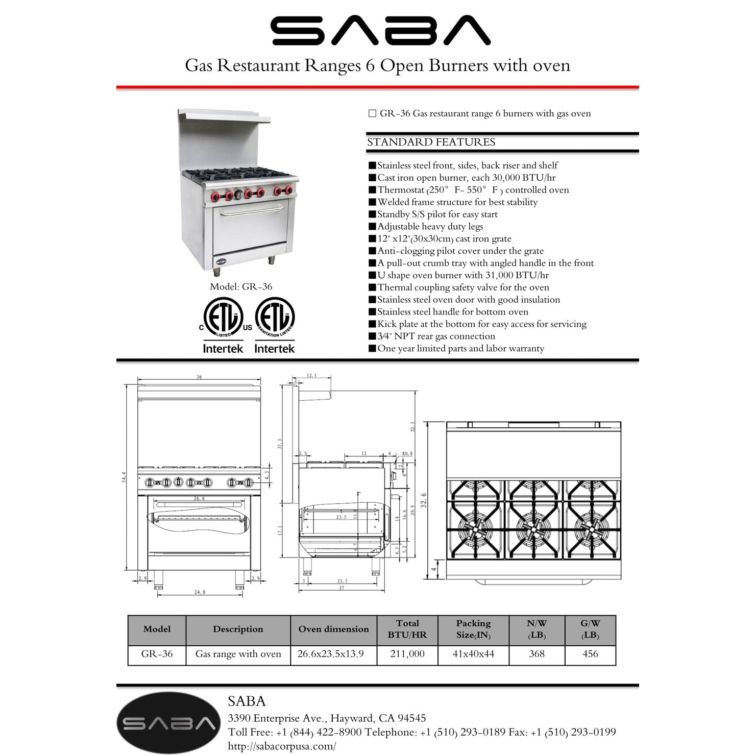 SABA GR-36 - Commercial Gas 6 Burner with Oven - GR-36