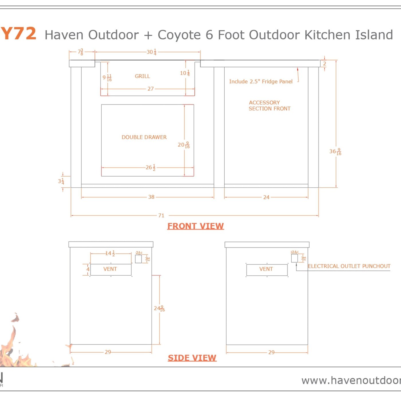 Haven Outdoor 72-Inch Outdoor Kitchen Island with Plain Panel - HCOY72PANAB