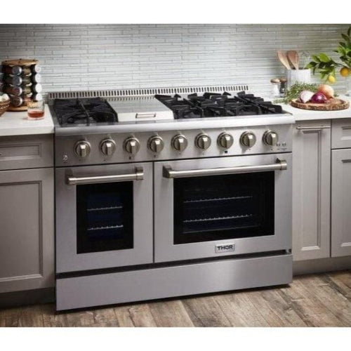 Thor Kitchen Appliance Package - 48 in. Gas Range, Range Hood, Refrigerator with Water and Ice Dispenser, Dishwasher, Wine Cooler, Microwave, AP-LRG4807U-W-10