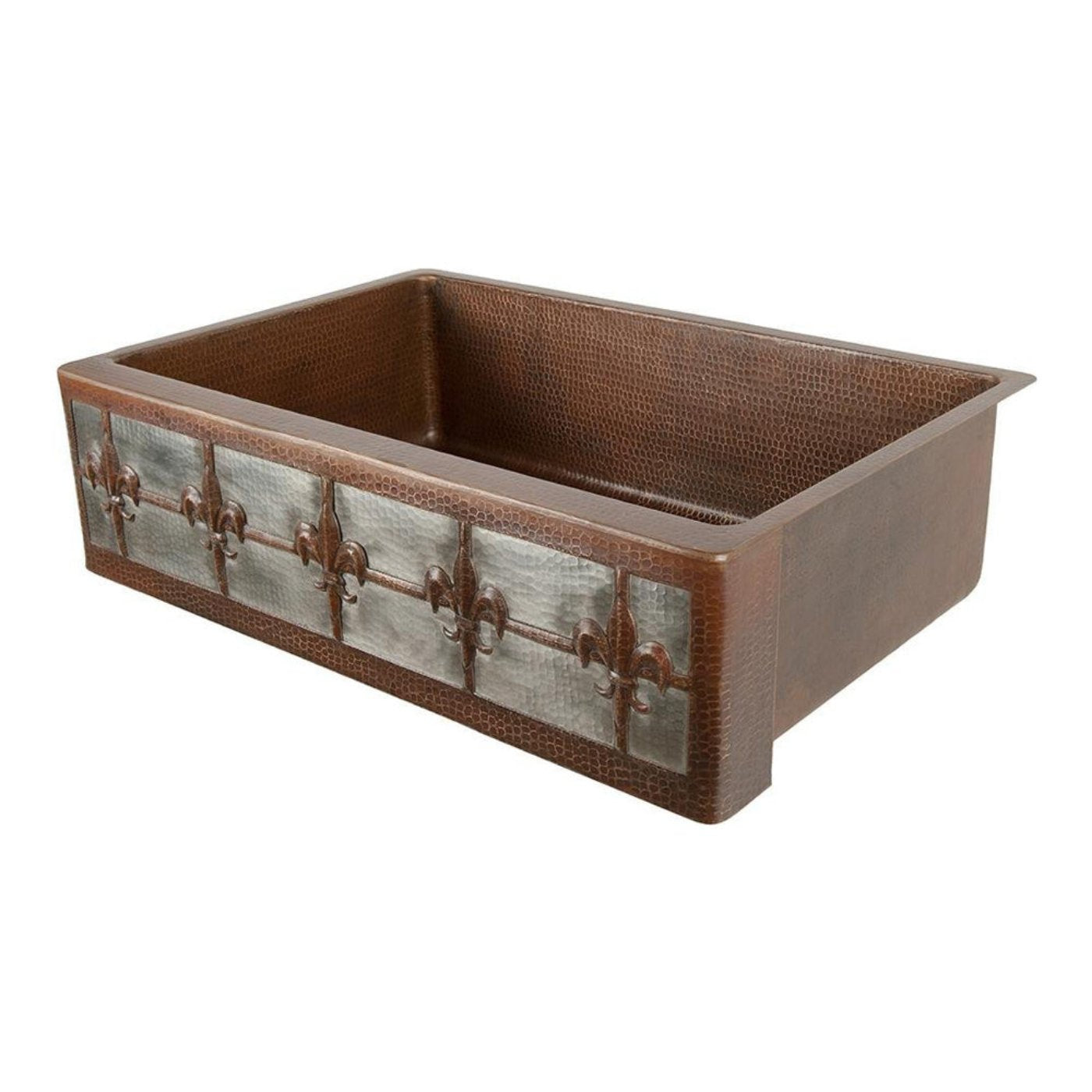 Premier Copper 33 in. Hammered Copper Apron Front Single Basin Kitchen Sink with Fleur De Lis Design and Nickel Background (KASDB33229F-NB)