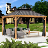 Kozyard Apollo 12’x12’ Hardtop Gazebo, Wooden Coated Aluminum Frame Canopy with Galvanized Steel Double Roof, Outdoor Permanent Metal Pavilion with Netting for Patio, Deck and Lawn (12ft x 12ft) - KZPHG1212