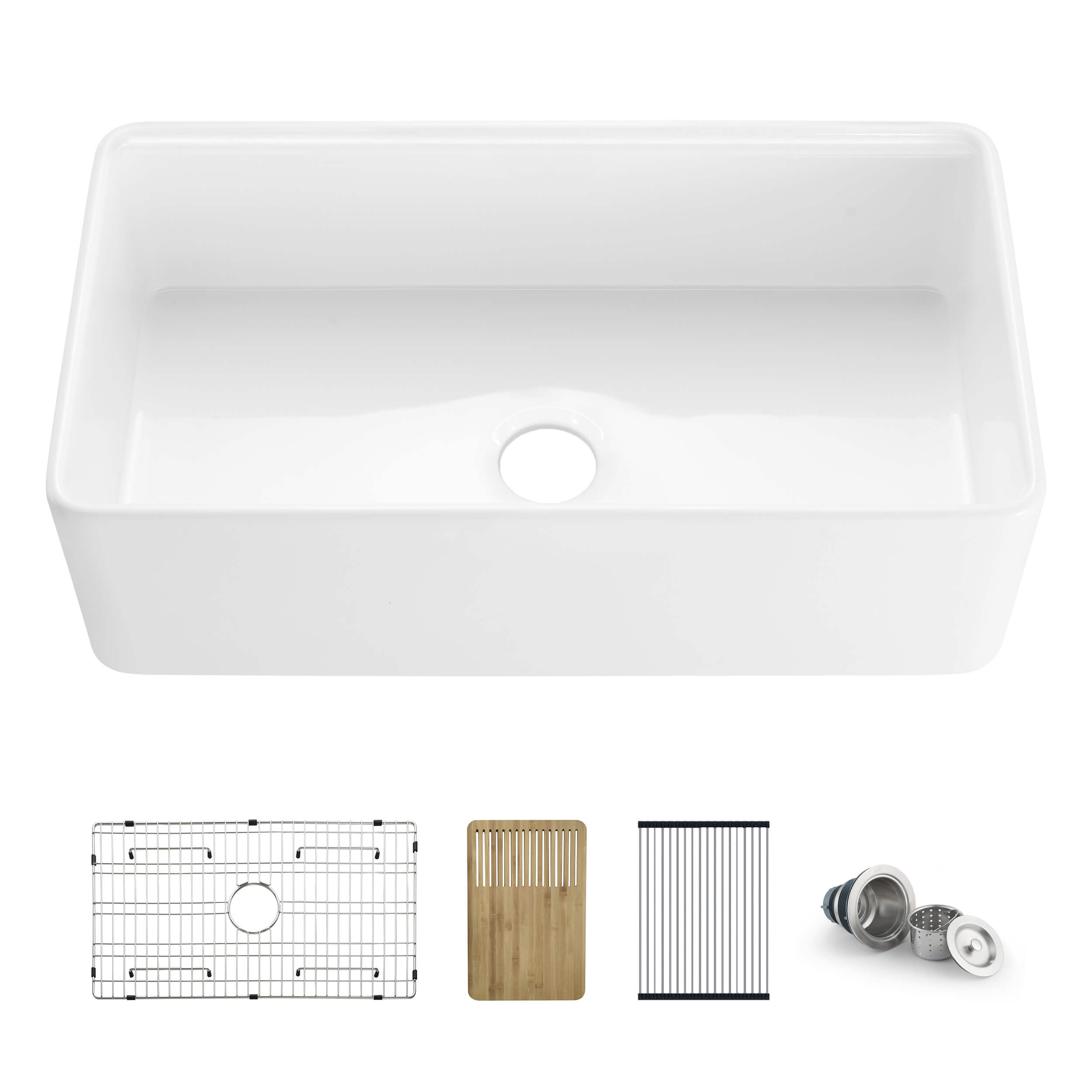 Kibi 33" x 20" x 10" Pure Series Single Bowl Fireclay Farmhouse Kitchen Sink In Glossy White - K2-SF33T