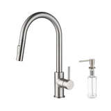 Kibi Circular Single Handle Pull Down Kitchen Faucet With Soap Dispenser in Brushed Nickel Finish - C-KKF2013BN-KSD100BN