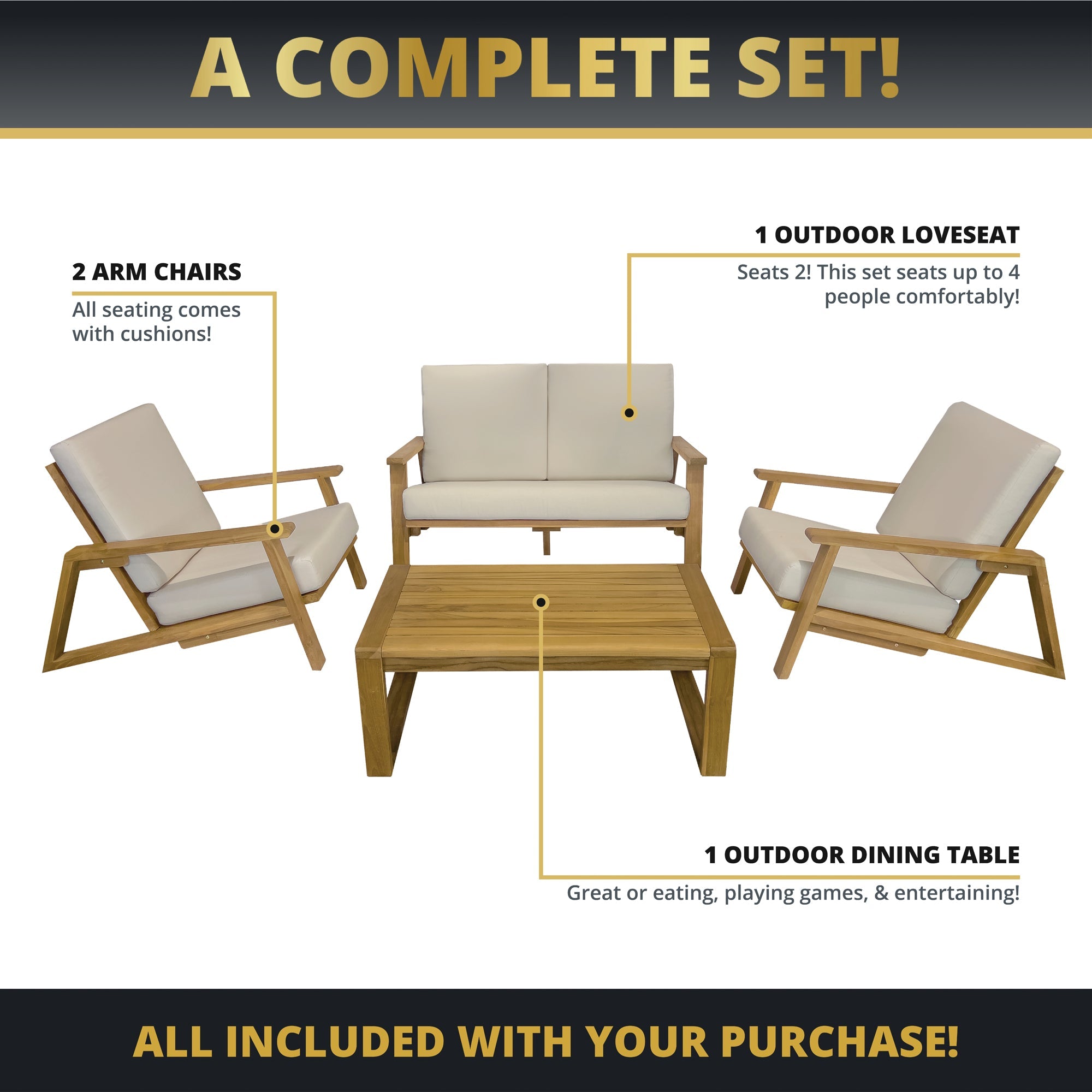 Ezra 4-Piece Teakwood Deep Seating Patio Set