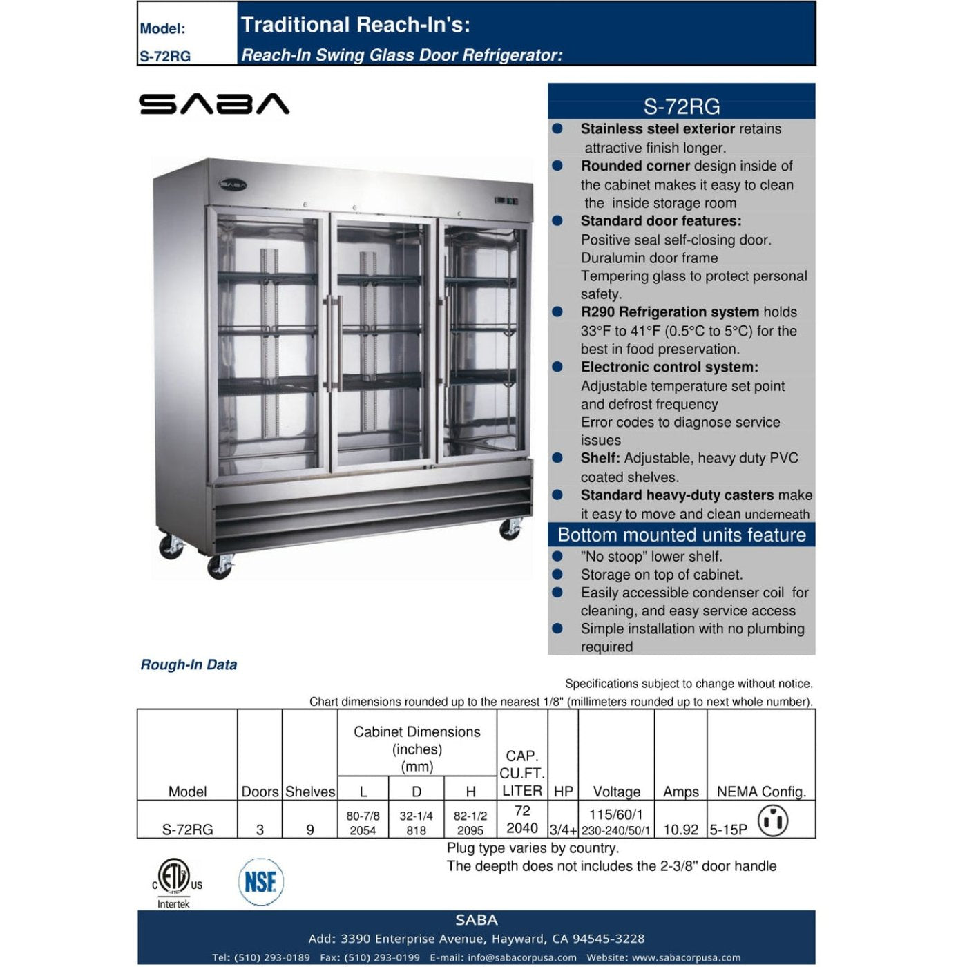 SABA S-72RG - Three Glass Door Commercial Reach-In Cooler - S-72RG