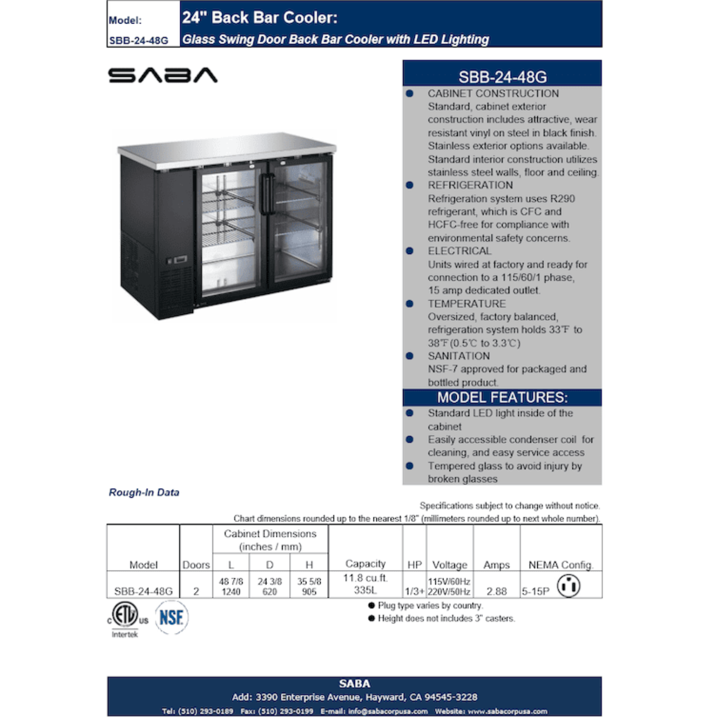 SABA SBB-24-48G - 24' Depth 48" Two Glass Door Commercial Back Bar Cooler Black - SBB-24-48G