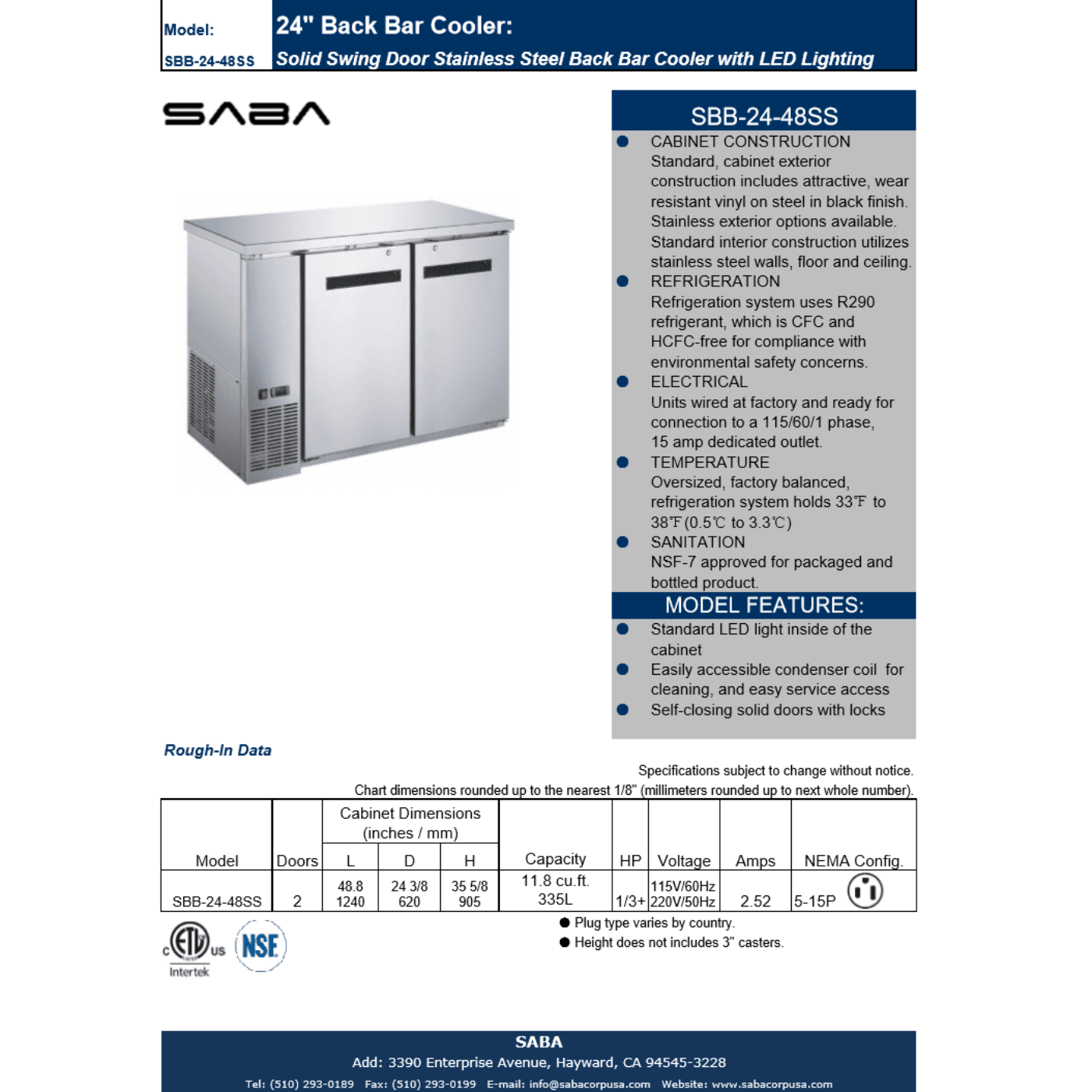 SABA SBB-24-48SS - 24" Depth 48" Two Door Commercial Back Bar Cooler Stainless Steel - SBB-24-48SS
