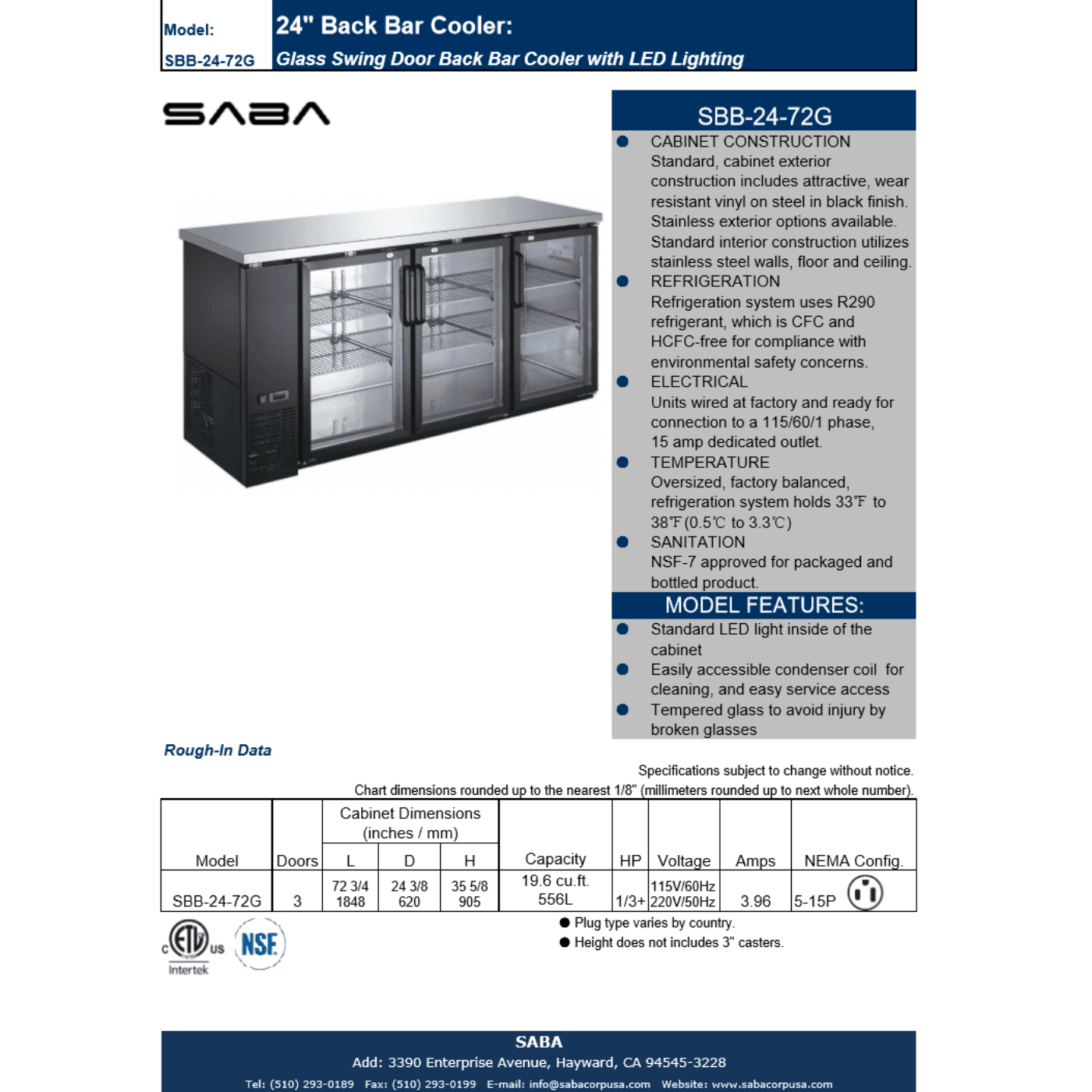 SABA SBB-24-72G - 24" Depth 72" Three Glass Door Commercial Back Bar Cooler Black - SBB-24-72G