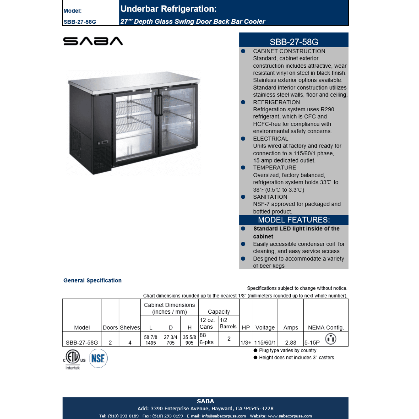 SABA SBB-27-58G - 27" Depth 58' Two Glass Door Commercial Back Bar Cooler Black - SBB-27-58G