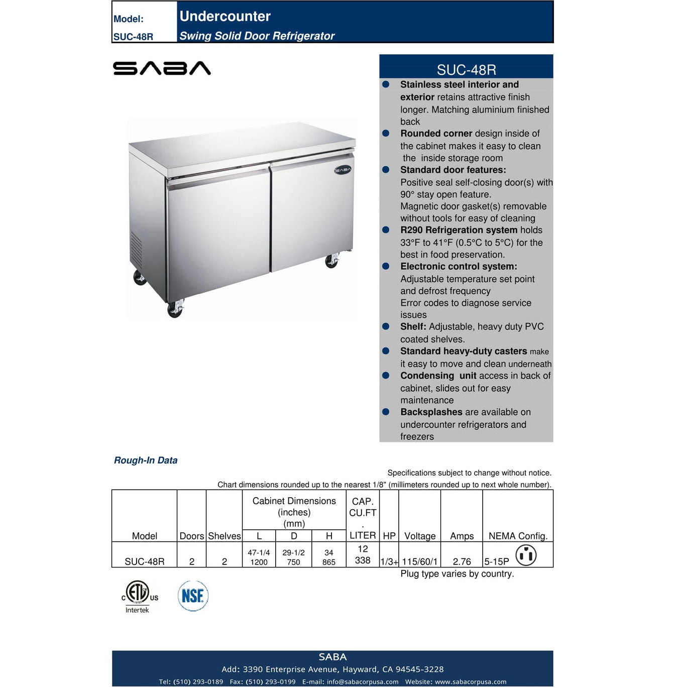 SABA SUC-48R - 48" Two Door Commercial Under-Counter Cooler - SUC-48R
