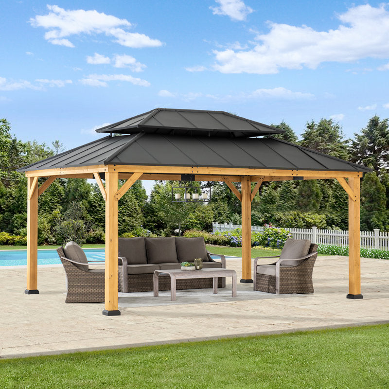 Sunjoy 12×16 ft. Wood Gazebo, Outdoor Patio Steel Hardtop Gazebo, Cedar Framed Wooden Gazebo with 2-tier Metal Roof