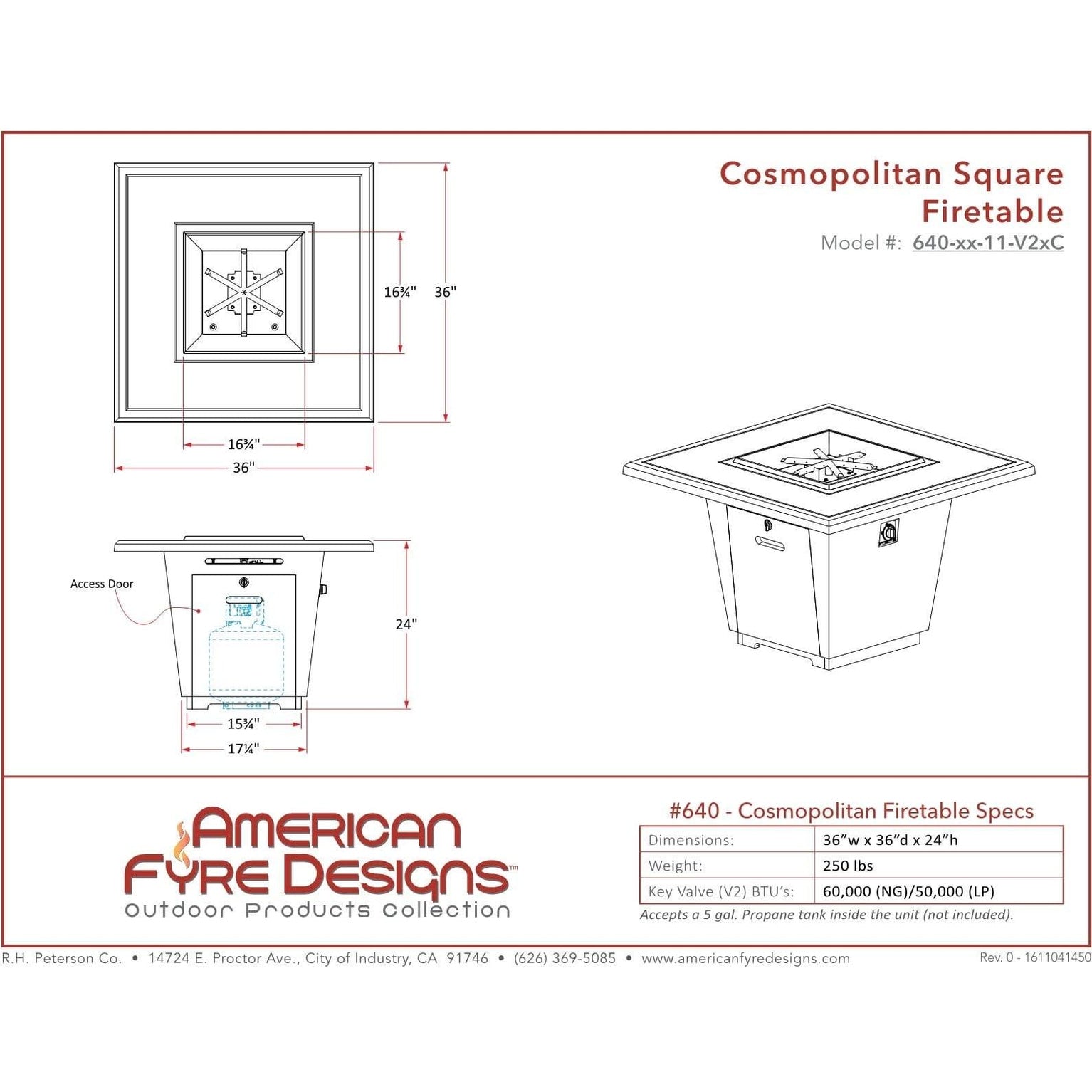 American Fyre Designs Cosomopolitan Square Firetable - 640-xx-11-F2xC