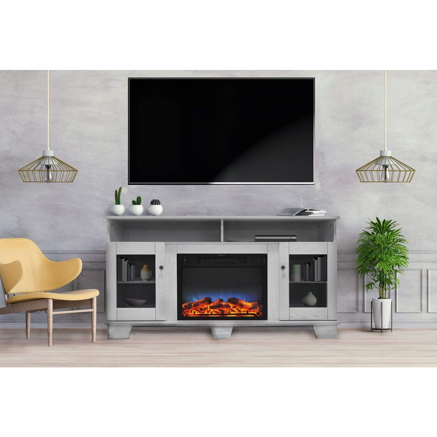 Cambridge Savona 59 In. Electric Fireplace in White with Entertainment Stand and Multi-Color LED Flame Display