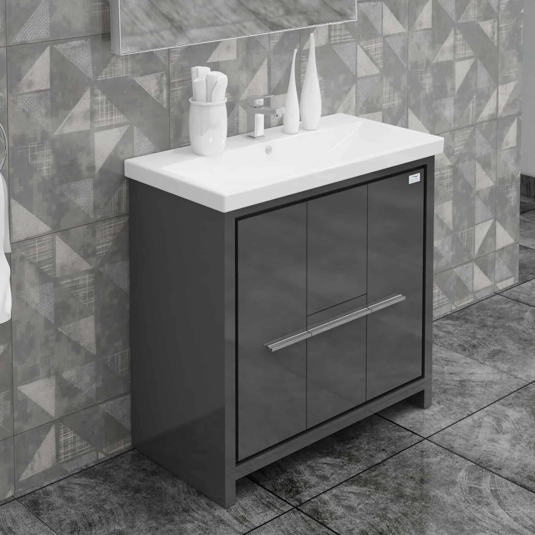 Casa Mare Alessio 36 Glossy Gray Vanity Ceramic Sink Combo - Alessio90GG-36-MSC-S