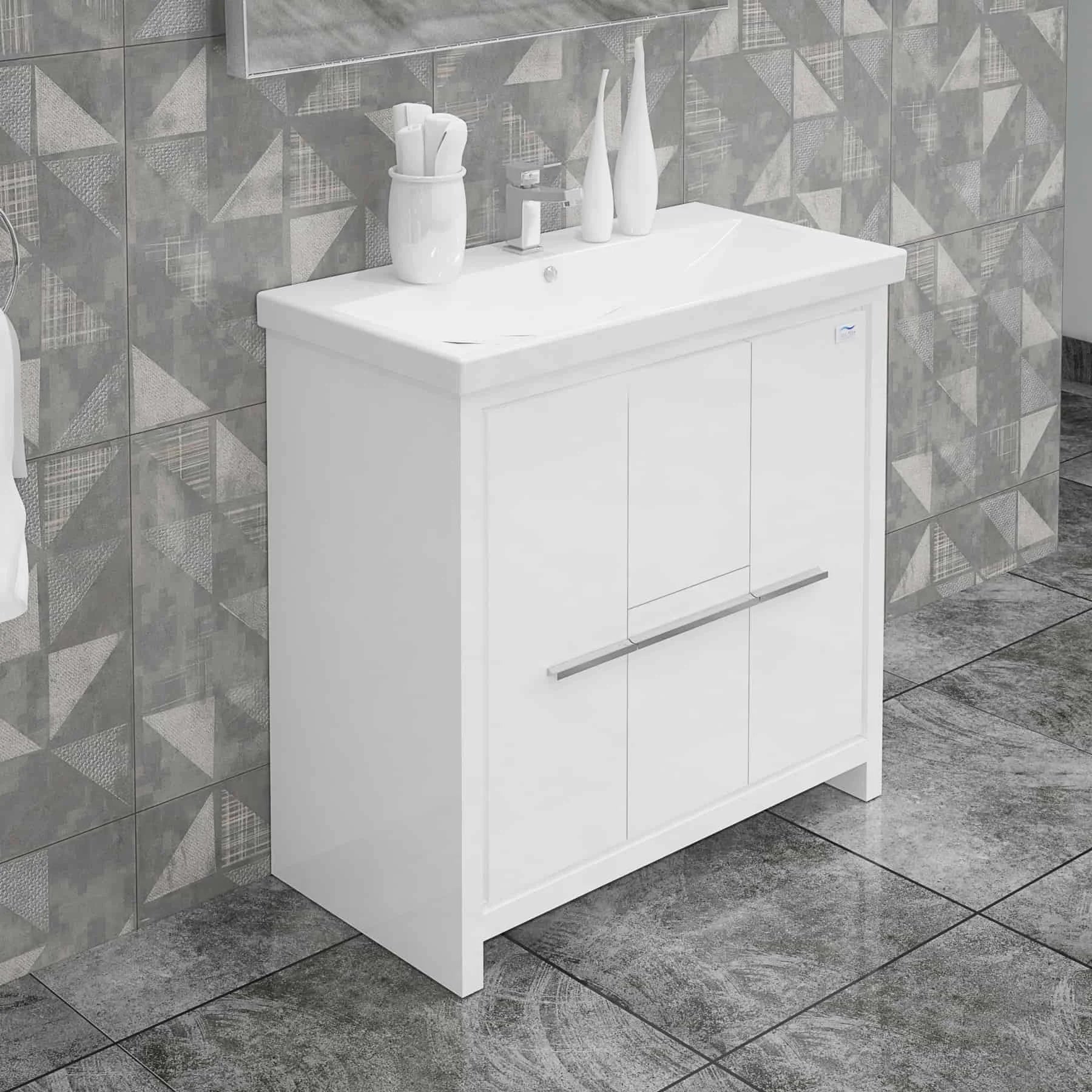Casa Mare Alessio 32 Glossy White Vanity Ceramic Sink Combo - Alessio80GW-32-MSC-S