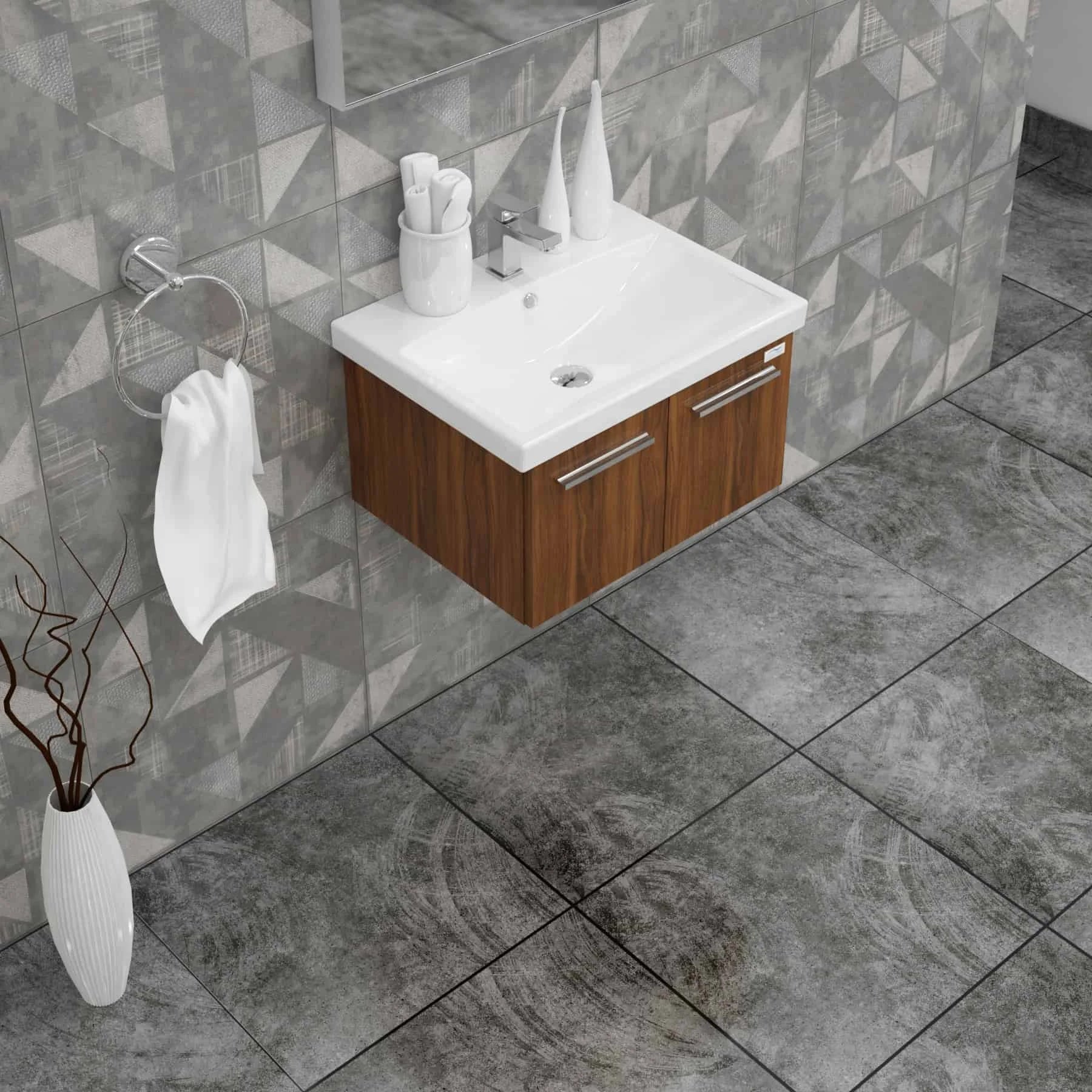 Casa Mare Aspe 24 Matte Walnut Bathroom Vanity and Ceramic Sink Combo with LED Mirror - Aspe60MW-24-MSC-S