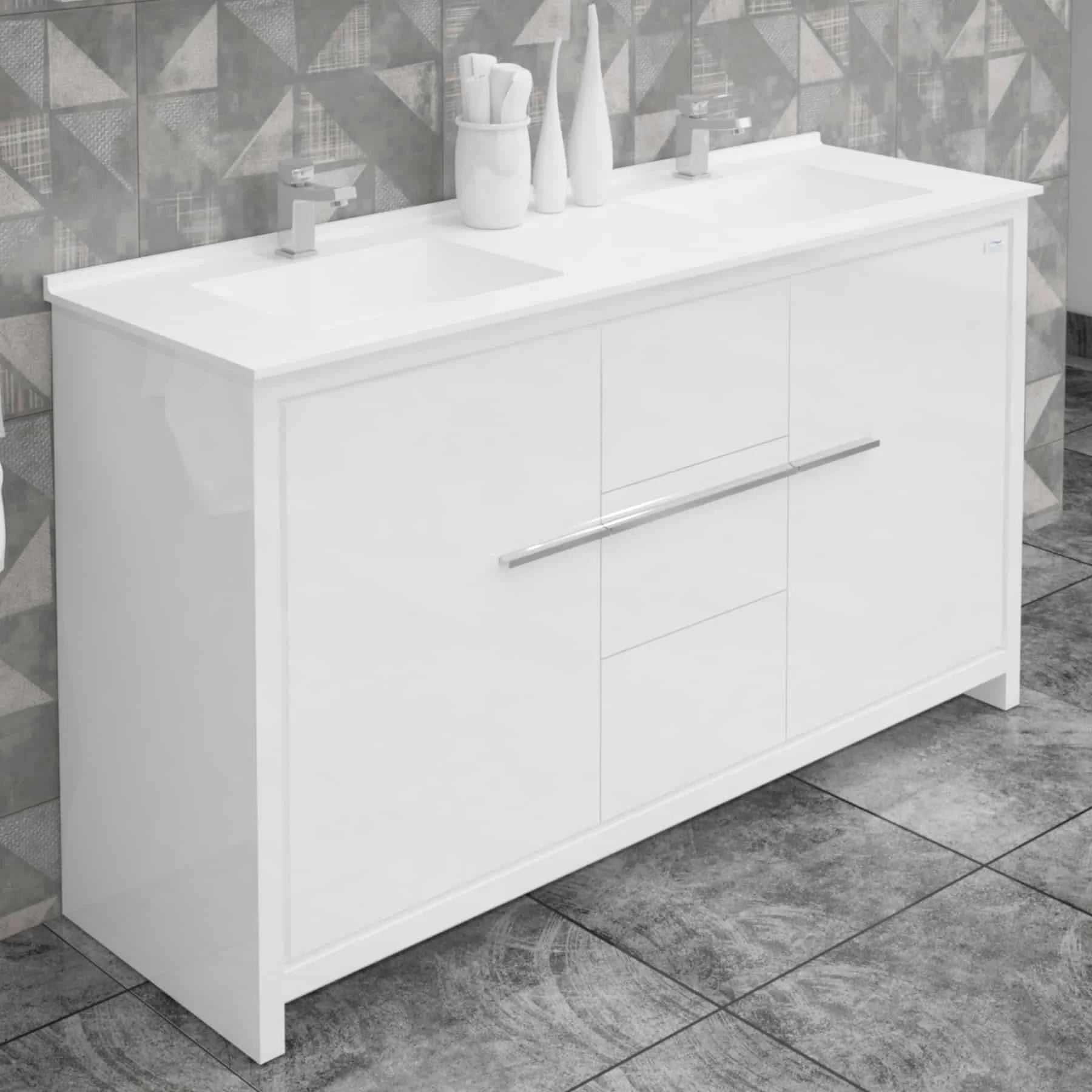Casa Mare Alessio 60 Glossy White Vanity Ceramic Sink Combo - Alessio152GW-60-MSC-S