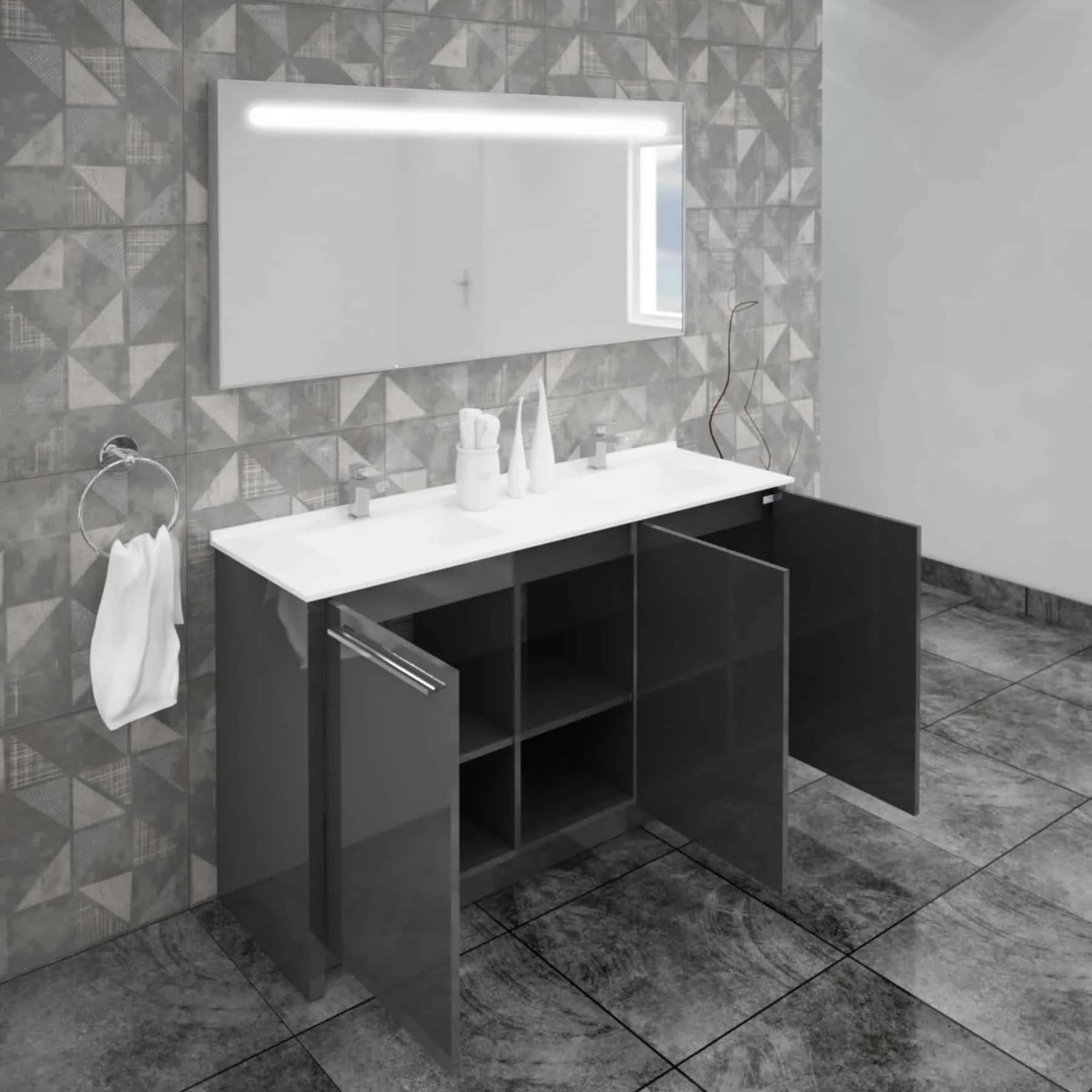 Casa Mare Benna 63 Glossy Gray Bathroom Vanity and Double Sink Combo with LED Mirror - Benna160GG-63-S