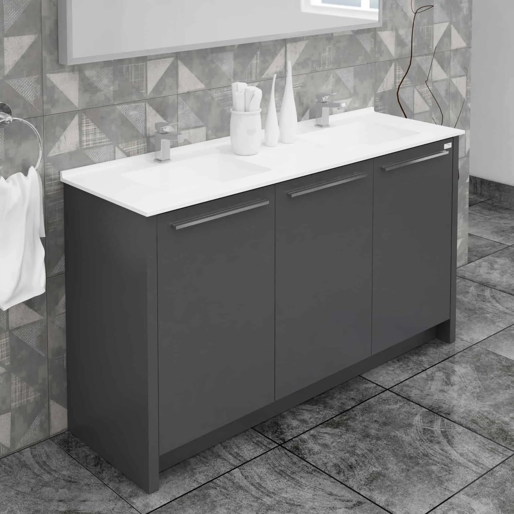 Casa Mare Benna 63 Glossy Gray Bathroom Vanity and Double Sink Combo with LED Mirror - Benna160GG-63-S