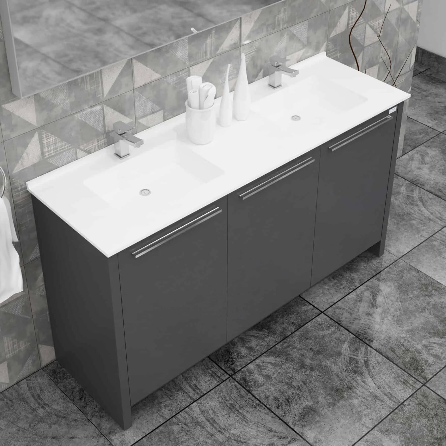 Casa Mare Benna 63 Glossy Gray Bathroom Vanity and Double Sink Combo with LED Mirror - Benna160GG-63-S