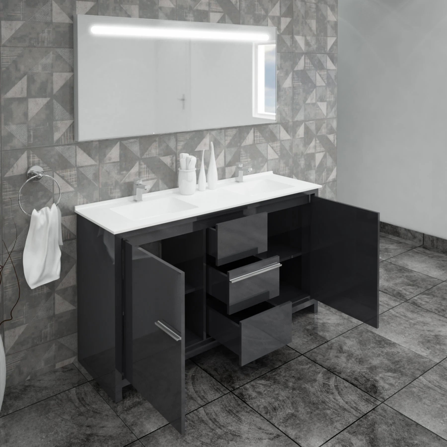 Casa Mare Alessio 60 Glossy Gray Vanity Ceramic Sink Combo - Alessio152GG-60-MSC-S