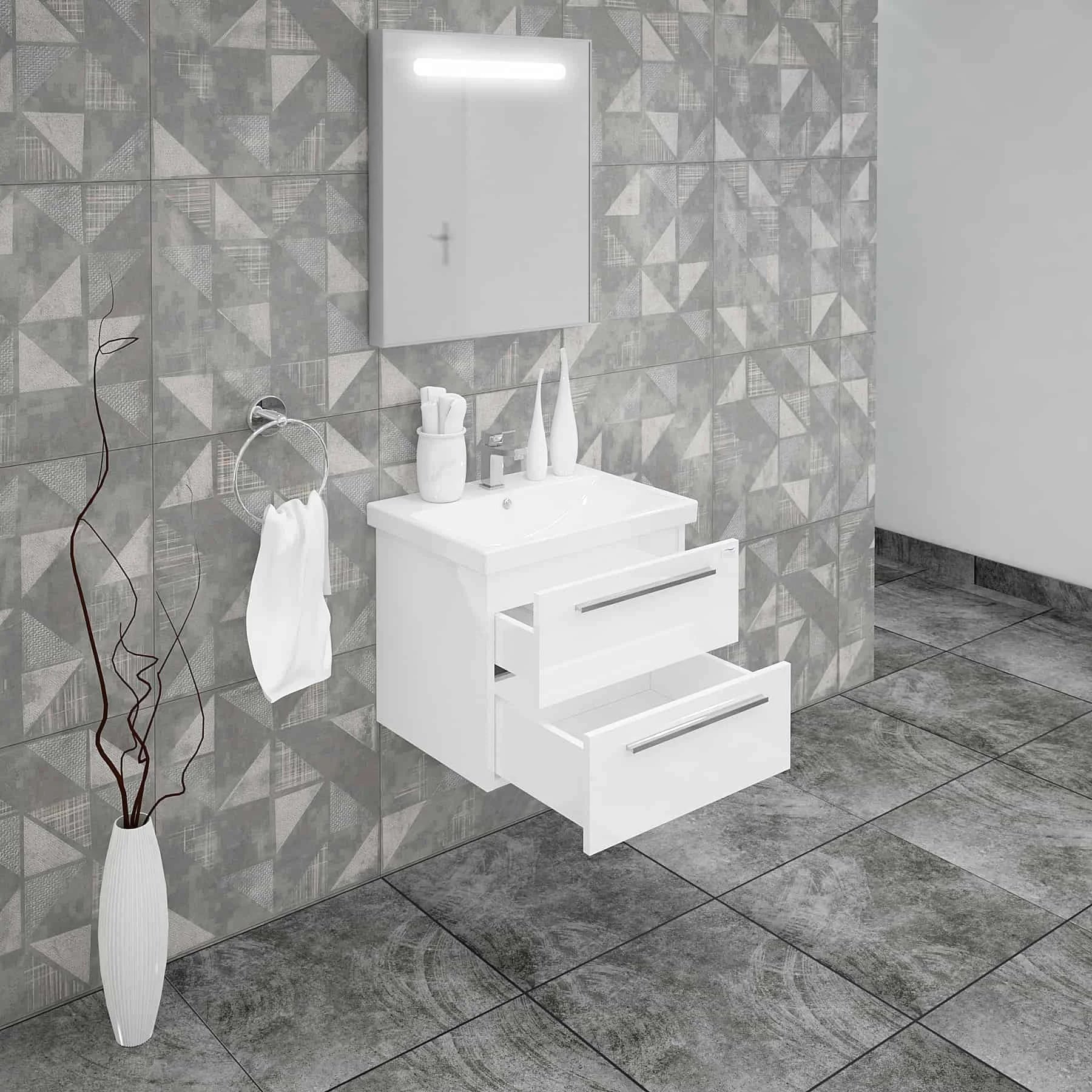 Casa Mare Elke 24 Glossy White Vanity and Ceramic Sink Combo with LED Mirror - Elke60GW-24-MSC-S