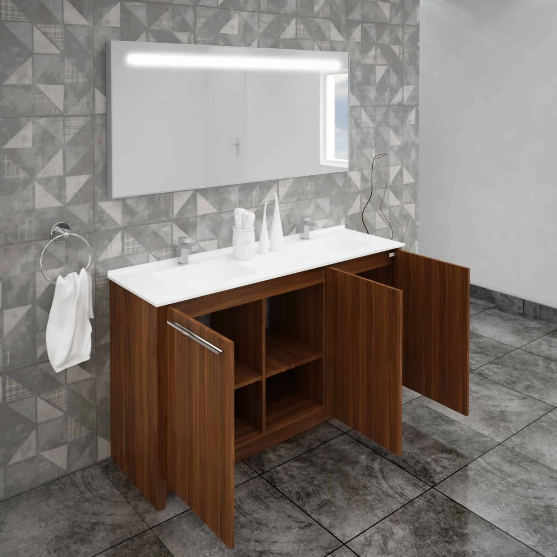 Casa Mare Benna 63 Matte Walnut Bathroom Vanity and Double Sink Combo with LED Mirror - Benna160MW-63-S