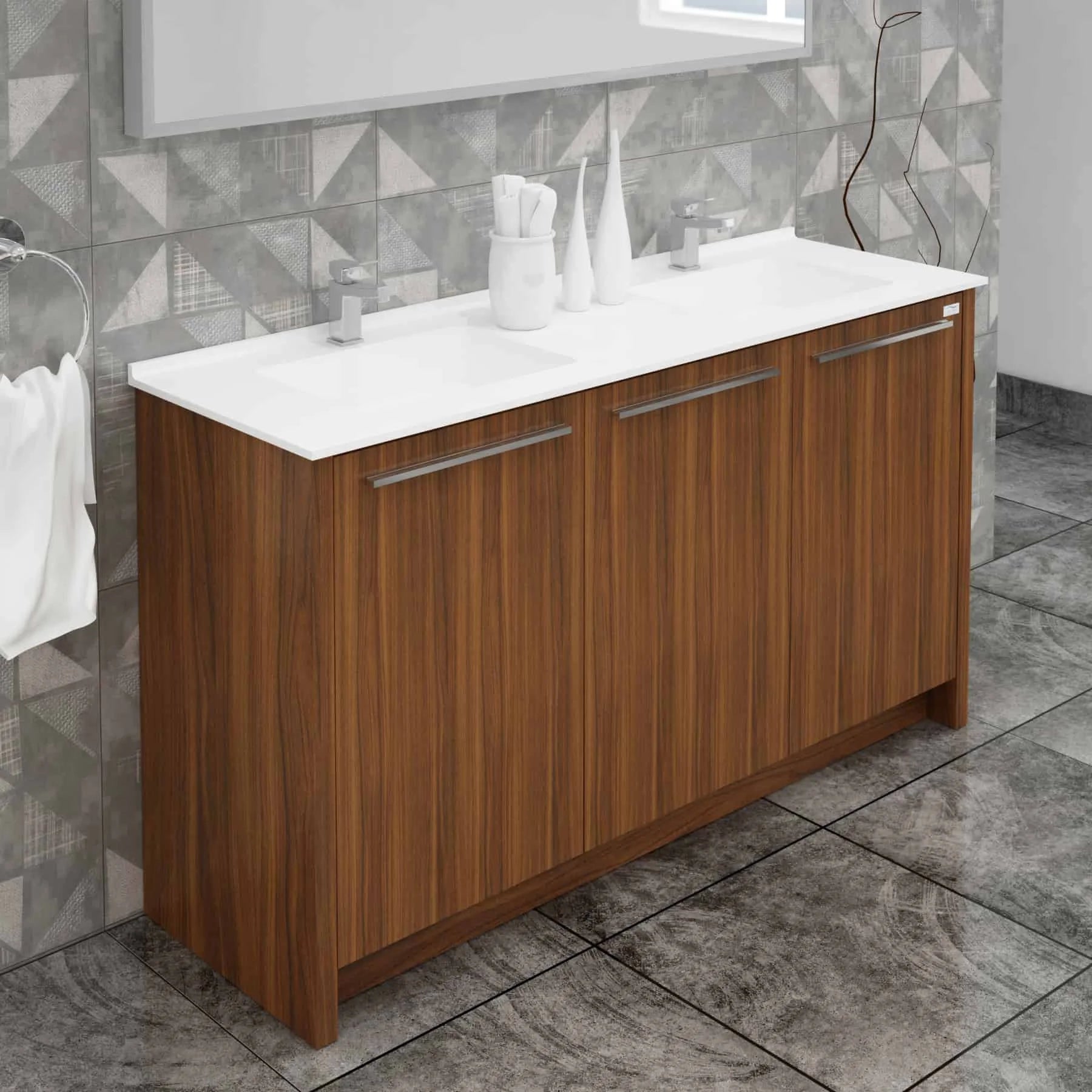 Casa Mare Benna 63 Matte Walnut Bathroom Vanity and Double Sink Combo with LED Mirror - Benna160MW-63-S