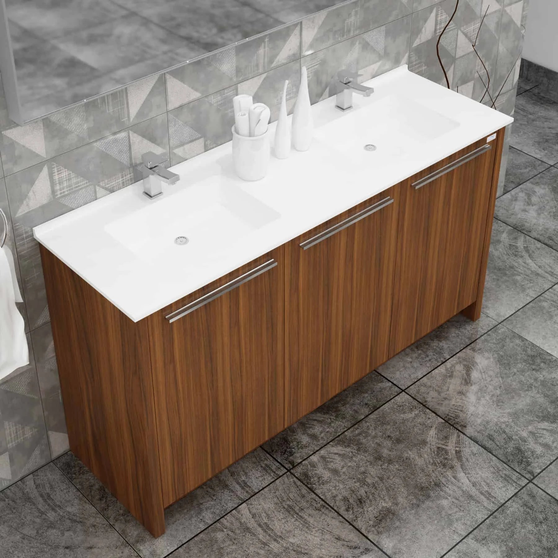 Casa Mare Benna 63 Matte Walnut Bathroom Vanity and Double Sink Combo with LED Mirror - Benna160MW-63-S